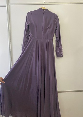 Uzun Kollu Mor İşlemeli Kadın Elbise - Görsel 7