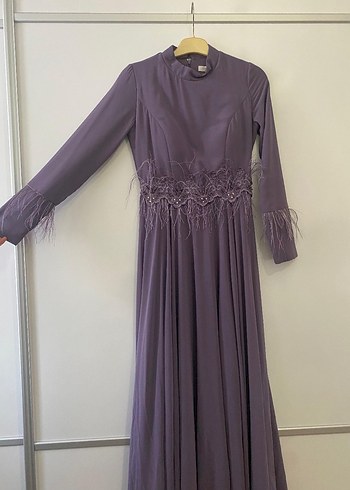 Uzun Kollu Mor İşlemeli Kadın Elbise - Görsel 6