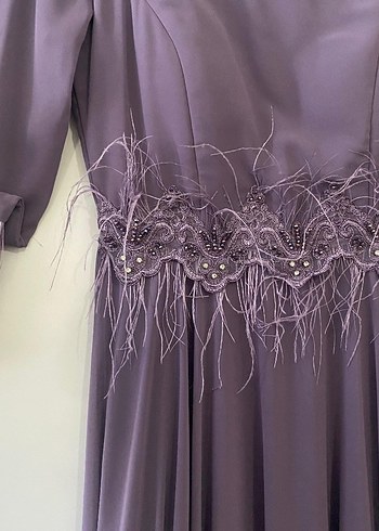 Uzun Kollu Mor İşlemeli Kadın Elbise - Görsel 3