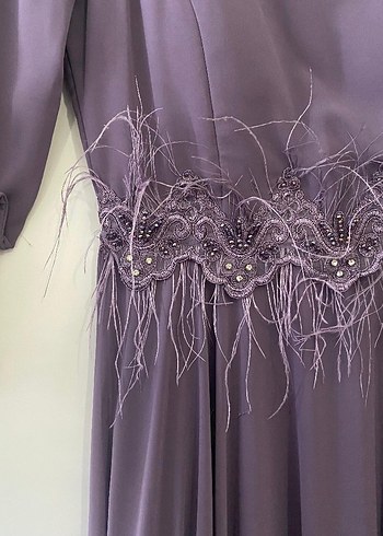 Uzun Kollu Mor İşlemeli Kadın Elbise - Görsel 4