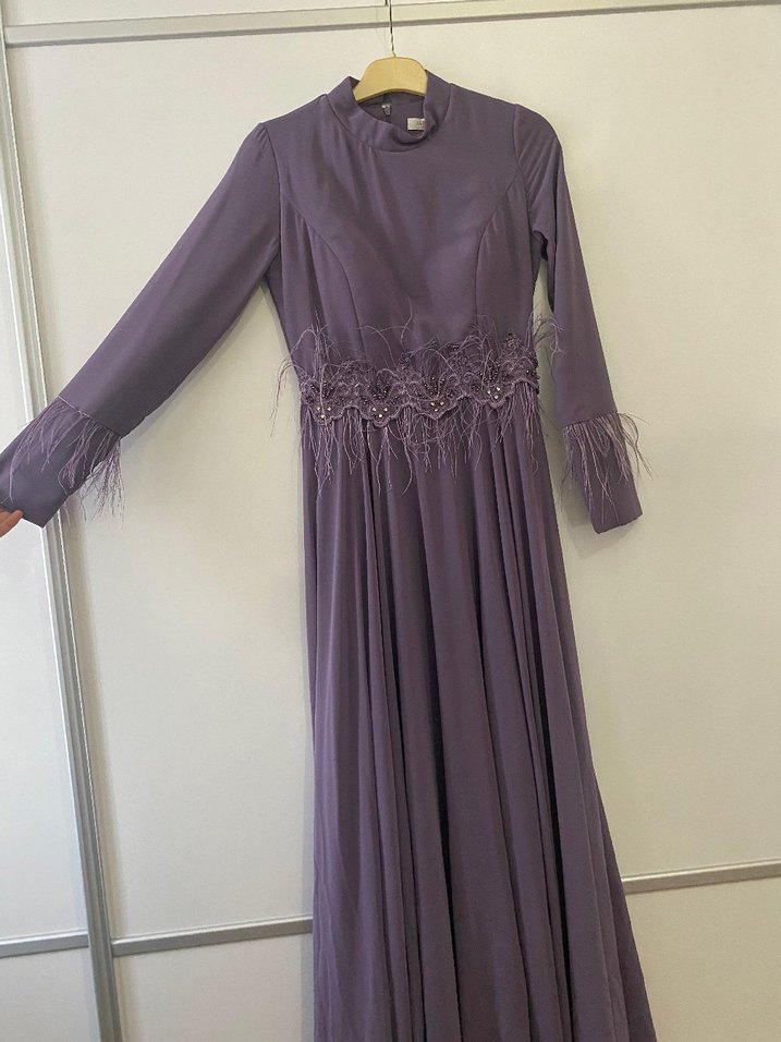 Uzun Kollu Mor İşlemeli Kadın Elbise - Görsel 5