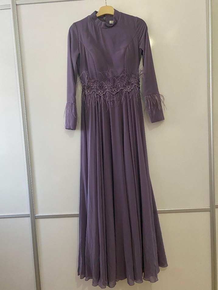 Uzun Kollu Mor İşlemeli Kadın Elbise - Görsel 2