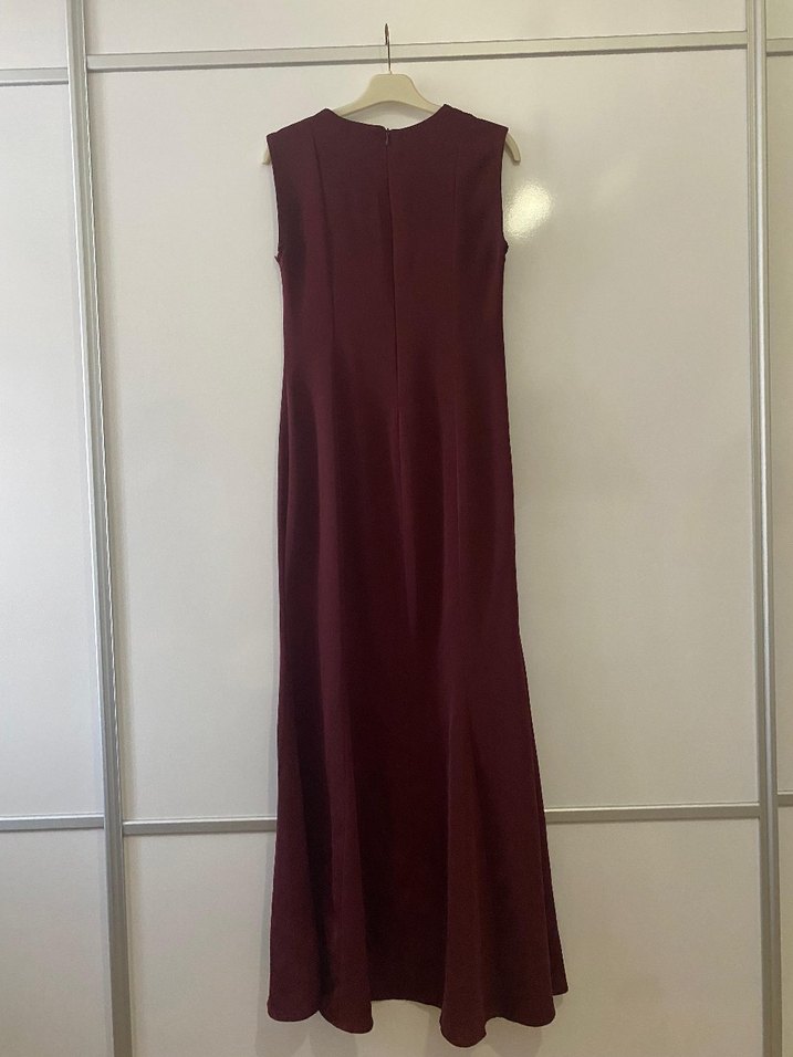 Bordo Uzun Kolsuz Drapeli Elbise - Görsel 4