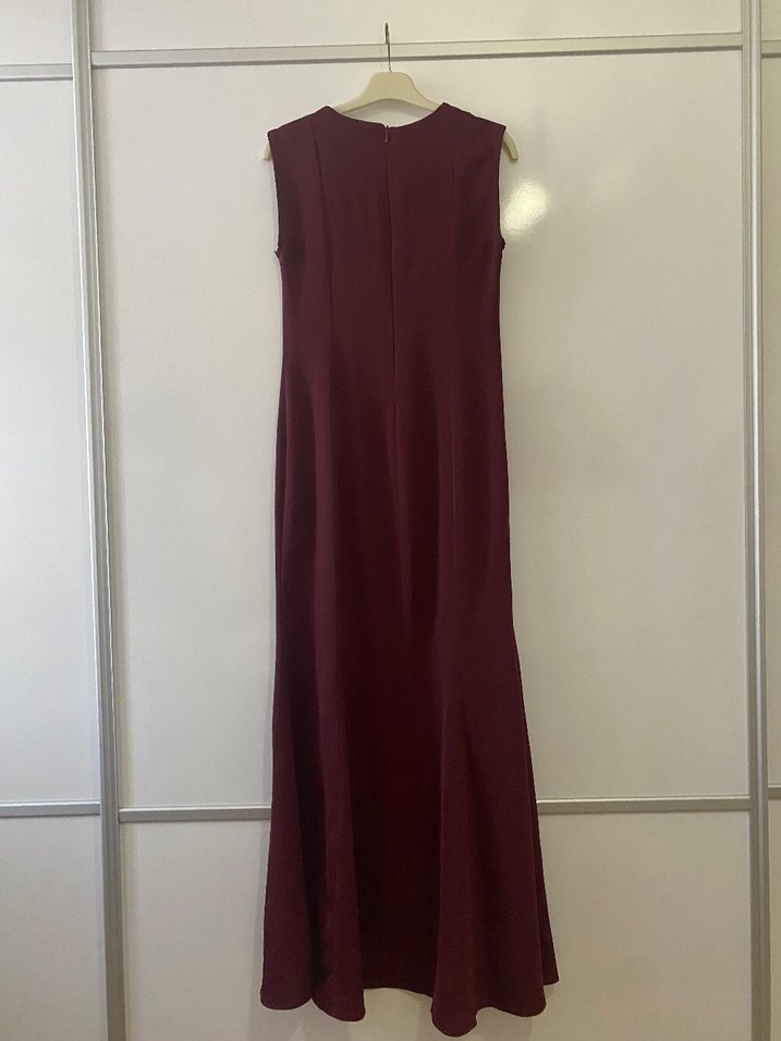 Bordo Uzun Kolsuz Drapeli Elbise - Görsel 3