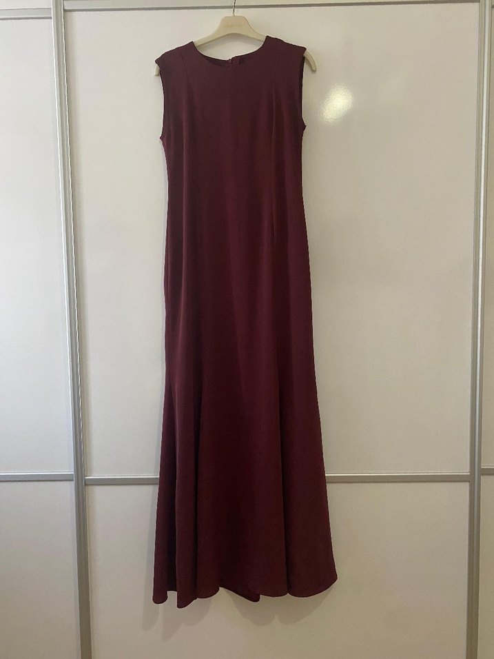 Bordo Uzun Kolsuz Drapeli Elbise - Görsel 2