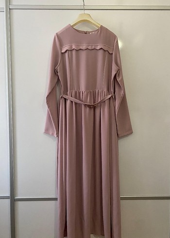 Uzun Kollu Pudra Renkli Elbise - Görsel 2