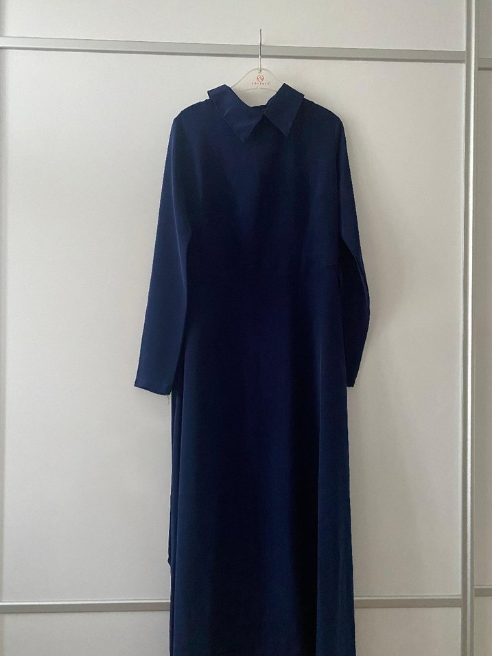 Lacivert Uzun Kollu Kadın Uzun Elbise - Görsel 3