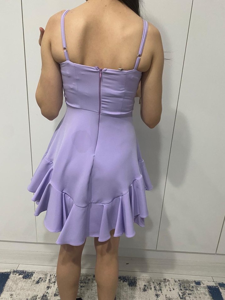 Mor Mini V Yaka Fırfırlı Elbise - Görsel 4