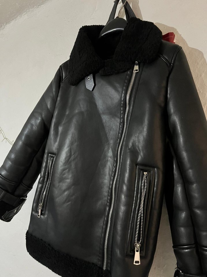 Kürk Detaylı Siyah Deri Biker Ceket - Görsel 5