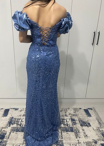 Mavi Boncuk İşlemeli Uzun Abiye Elbise - Görsel 3