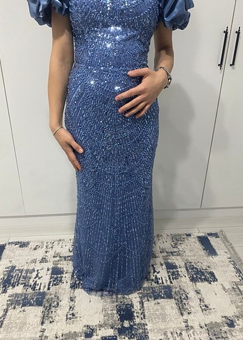 Mavi Boncuk İşlemeli Uzun Abiye Elbise - Görsel 4