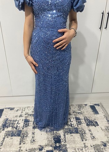 Mavi Boncuk İşlemeli Uzun Abiye Elbise - Görsel 2