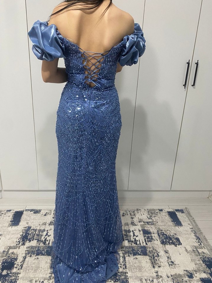 Mavi Boncuk İşlemeli Uzun Abiye Elbise - Görsel 3