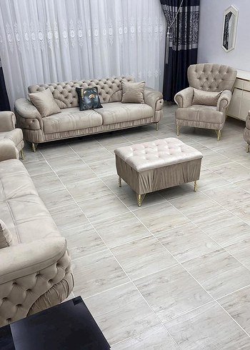 Bej Gri Salon Koltuk Takımı ve Puf