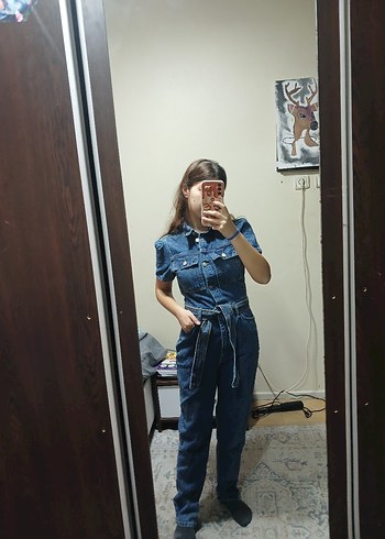 Kısa Kollu Kot Tulum - Görsel 4