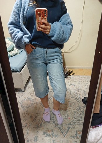 Mavi Rahat Kesim Midi Kadın Kot Kapri - Görsel 5