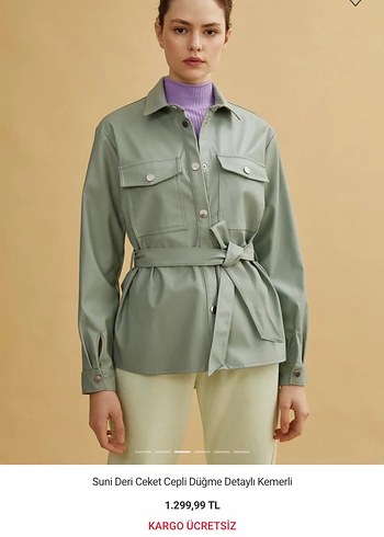 Düğmeli Haki Deri Kadın Ceket - Görsel 2