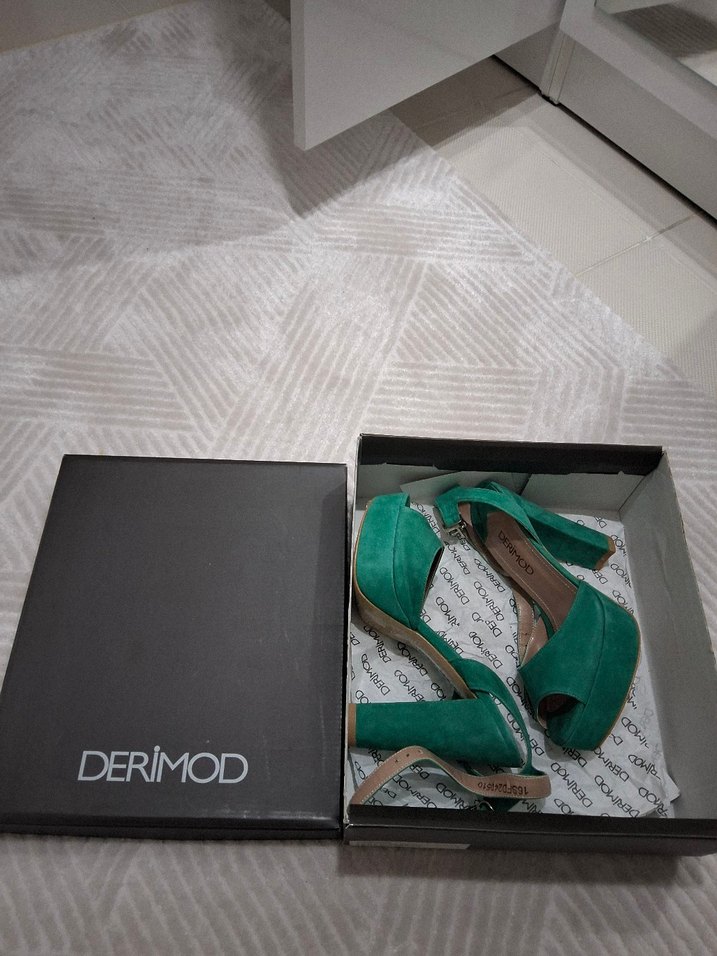 DERIMOD 37 Numara Yeşil Süet Platform Topuklu Kadın Ayakkabı - Görsel 2