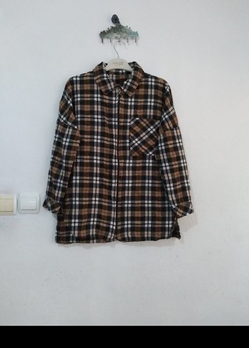 Düğmeli Kahverengi Kareli Uzun Kollu Gömlek - Görsel 2