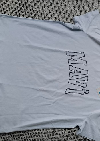 Mavi  oversize unisex Beyaz Baskılı Tişört - Görsel 3