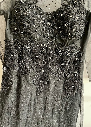 Boncuk İşlemeli Siyah Uzun Kadın Abiye Elbise - Görsel 3