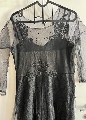 Boncuk İşlemeli Siyah Uzun Kadın Abiye Elbise - Görsel 4