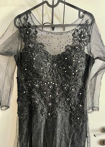 Boncuk İşlemeli Siyah Uzun Kadın Abiye Elbise - Görsel 2