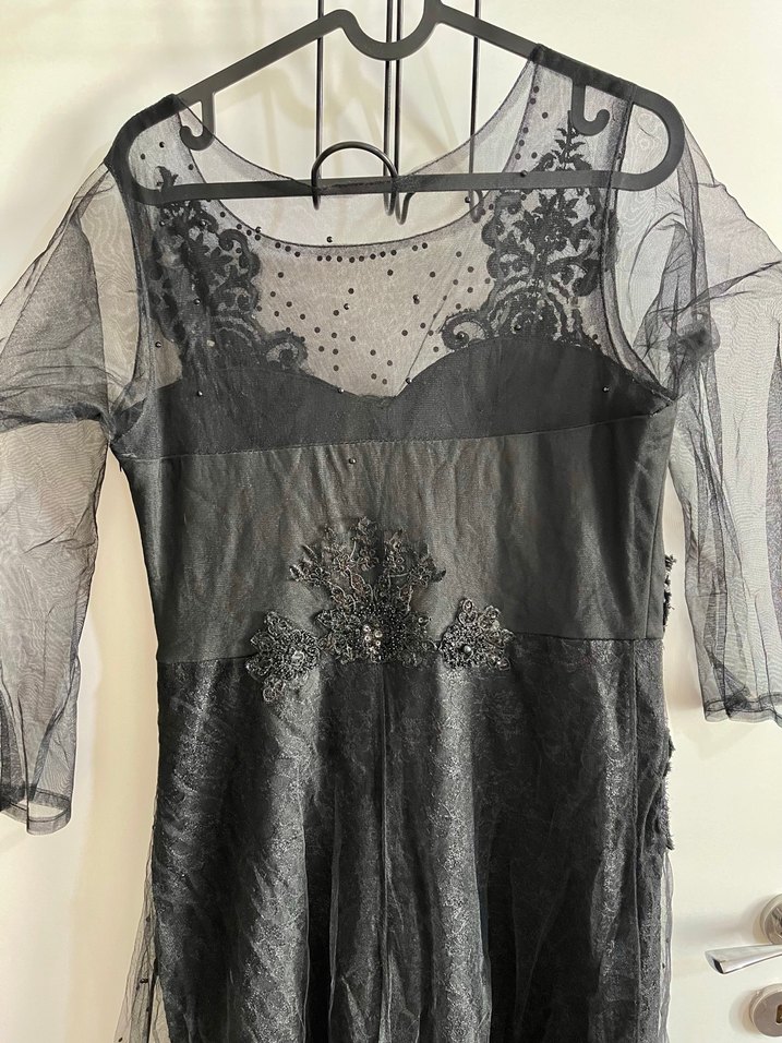 Boncuk İşlemeli Siyah Uzun Kadın Abiye Elbise - Görsel 4