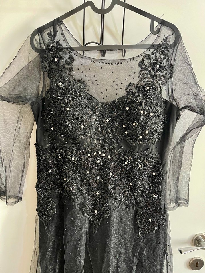 Boncuk İşlemeli Siyah Uzun Kadın Abiye Elbise - Görsel 2