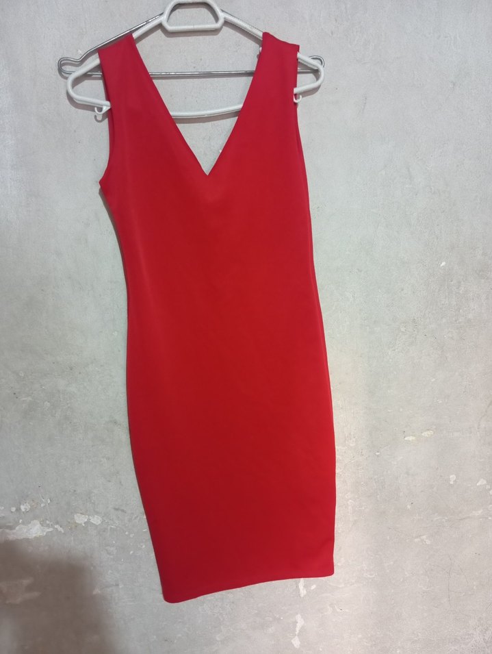 Kırmızı V Yaka Midi Kadın Elbise - Görsel 2