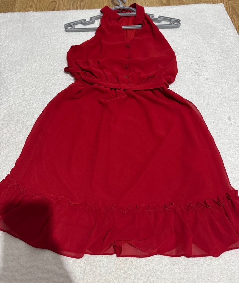 Kırmızı Mini Kadın Elbise Fırfırlı - Görsel 4