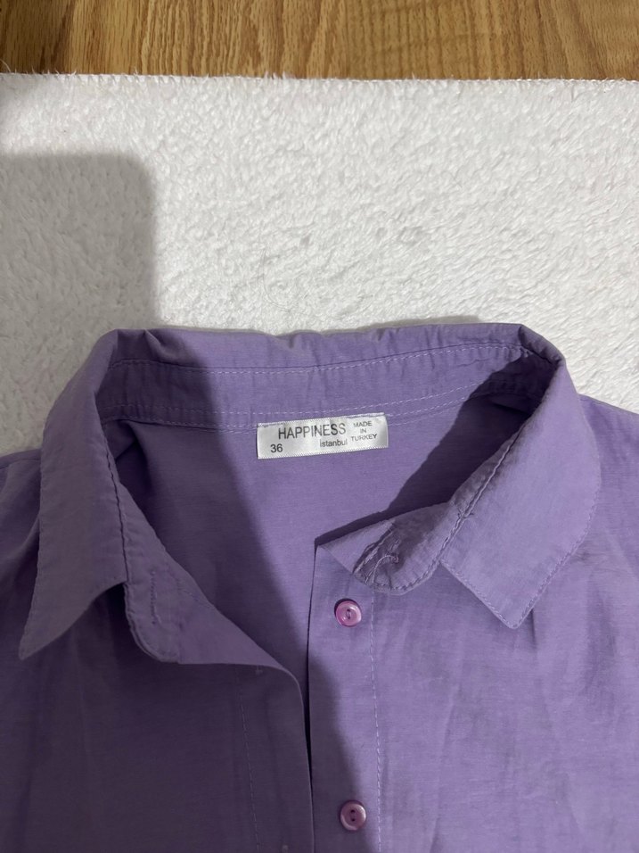 Düğmeli Mor Kadın Keten Gömlek - Görsel 2