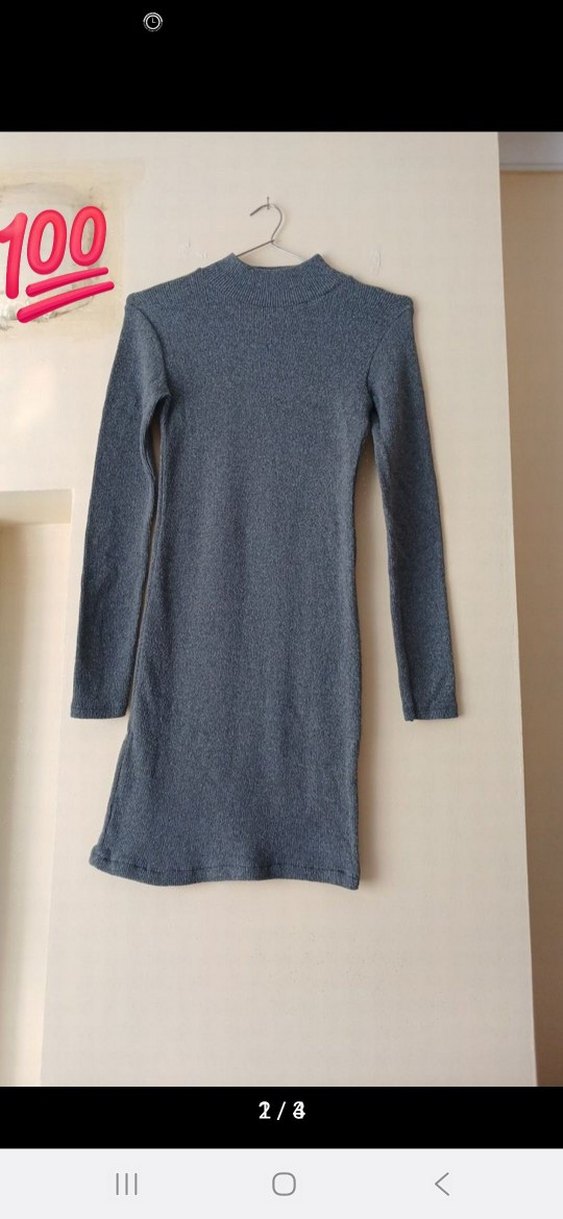 Uzun Kollu Gri Dar Kesim Mini Elbise - Görsel 2