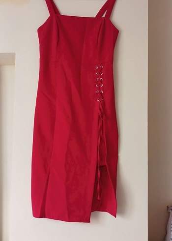 Kırmızı İnce Askılı Şık Abiye Elbise - Görsel 2