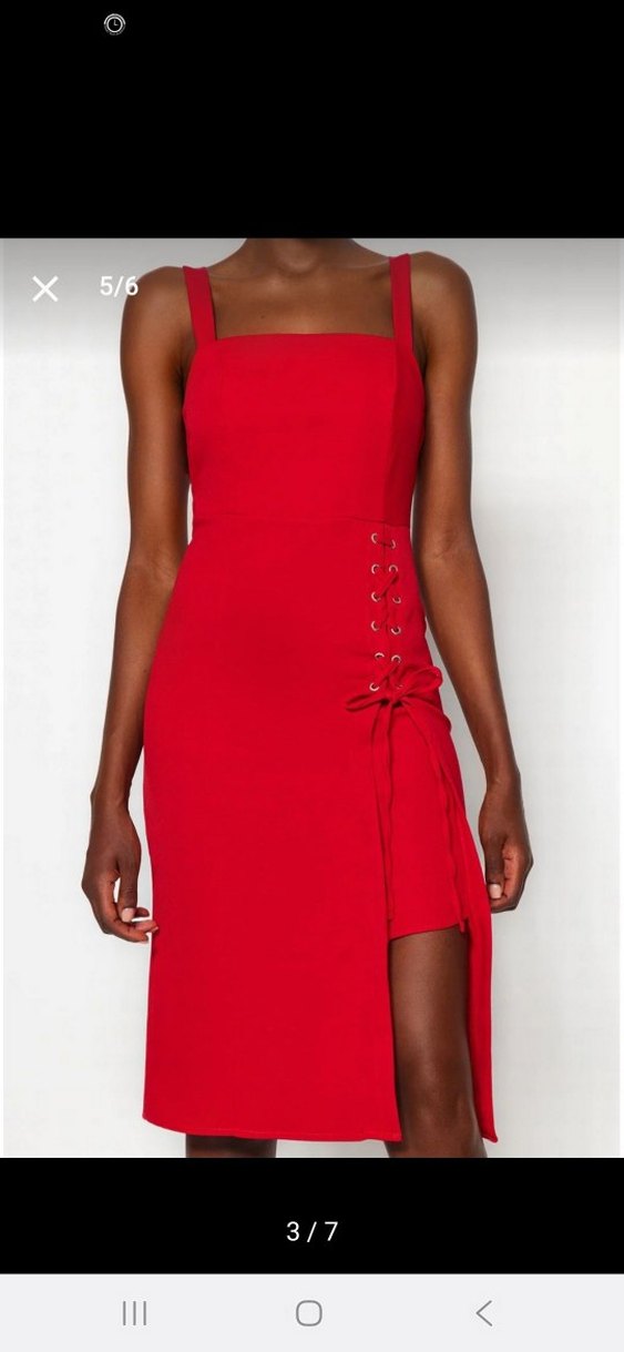 Kırmızı İnce Askılı Şık Abiye Elbise - Görsel 4