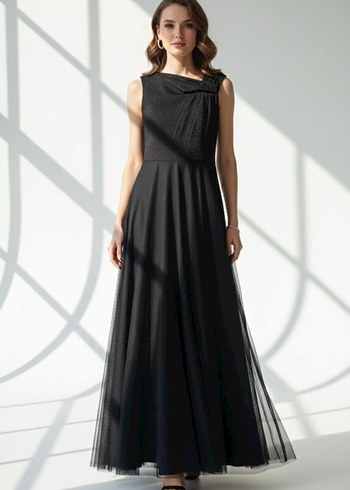 Siyah Simli Uzun Tül Abiye Elbise - Görsel 2