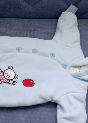 Mavi Kapüşonlu Bebek Tulumu Düğmeli Nakışlı - Görsel 2