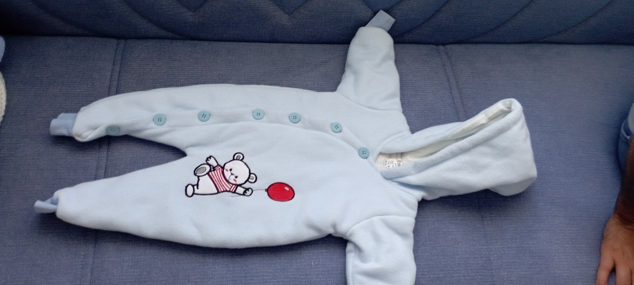 Mavi Kapüşonlu Bebek Tulumu Düğmeli Nakışlı - Görsel 2