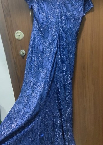 Lacivert Yılan Desenli Uzun tül Abiye Elbise - Görsel 5