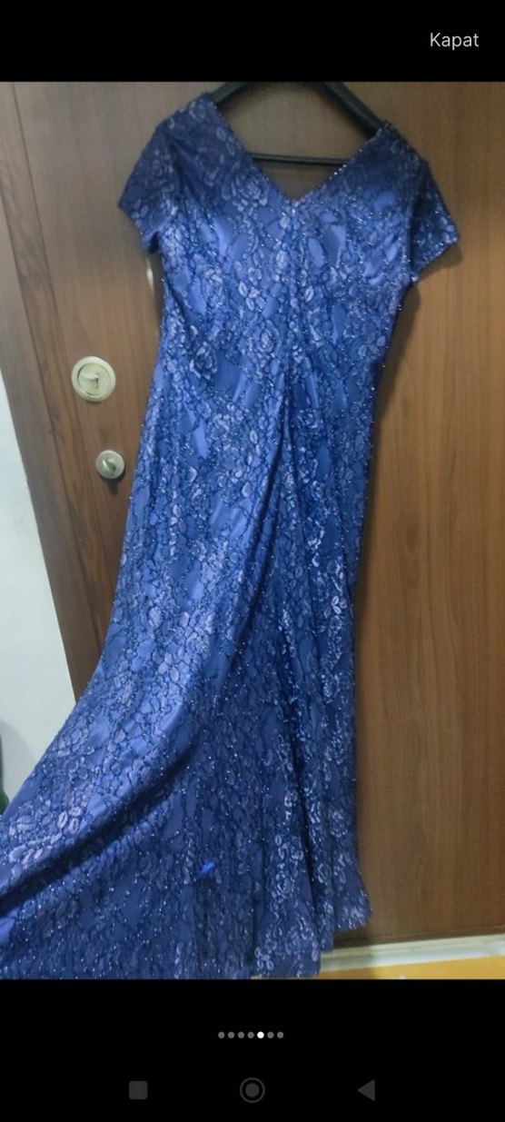 Lacivert Yılan Desenli Uzun tül Abiye Elbise - Görsel 5