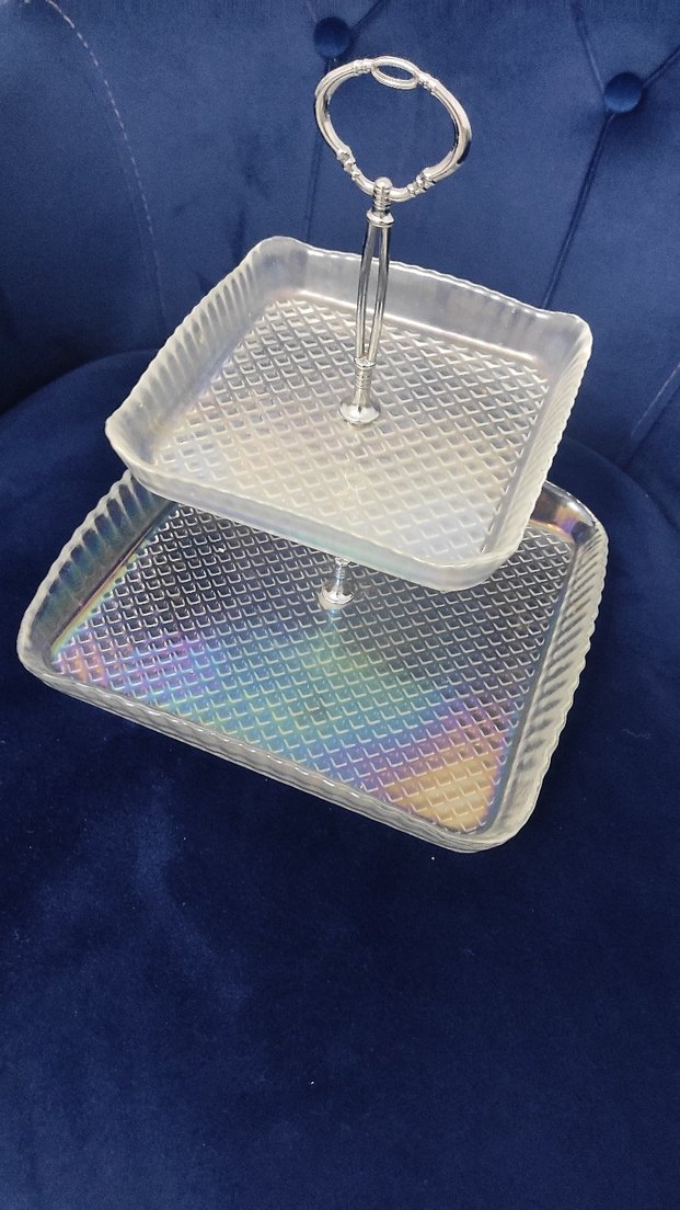 Beyaz Cam İki Katlı Servis Tabağı sunum tabağı - Görsel 3