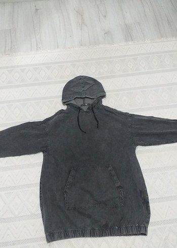 Gri Denim Kapüşonlu Salaş Kot Kumaş Sweatshirt