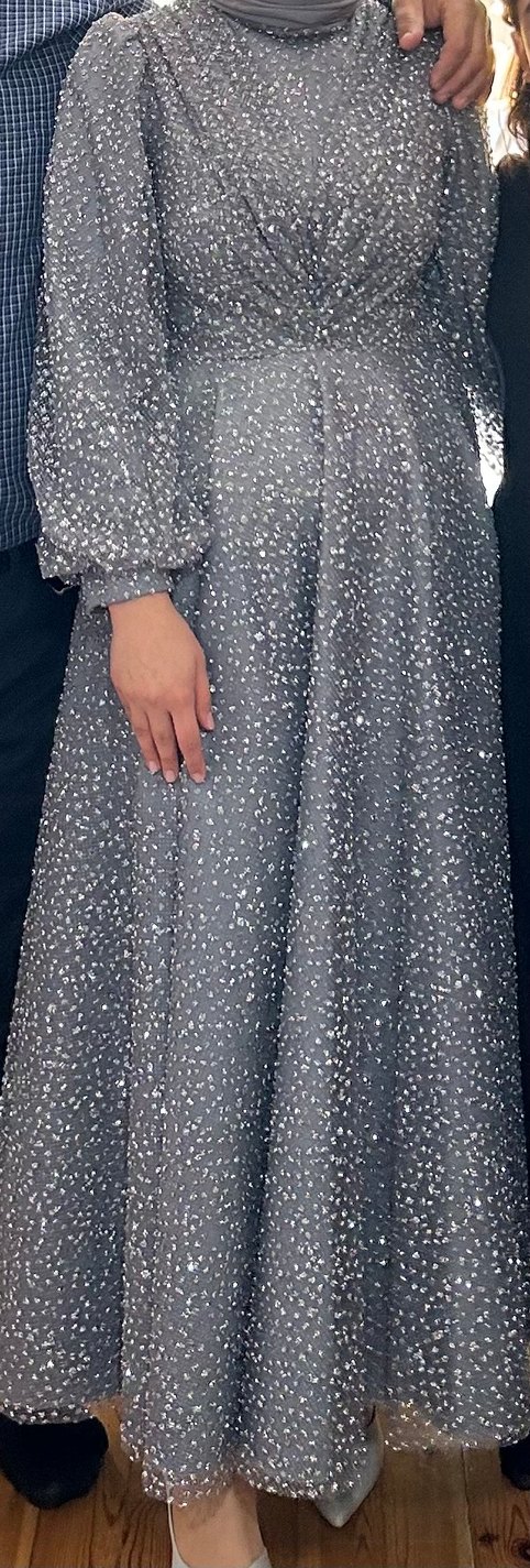 Gri Parıltılı Uzun Kadın Abiye Elbise - Görsel 3