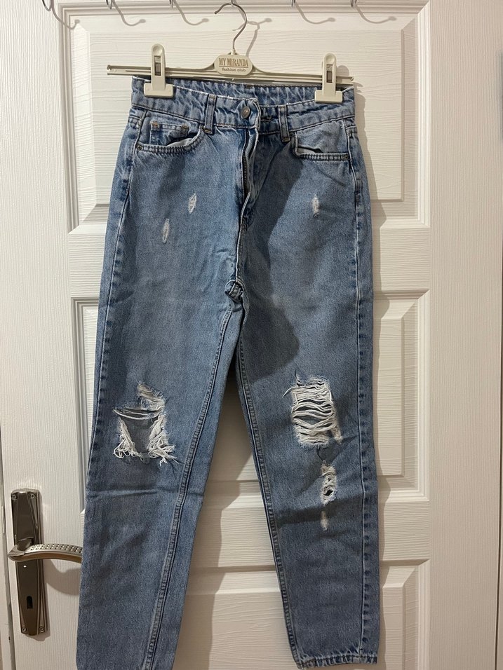 Kadın Mavi Denim Kemerli Normal Boy Jean - Görsel 2