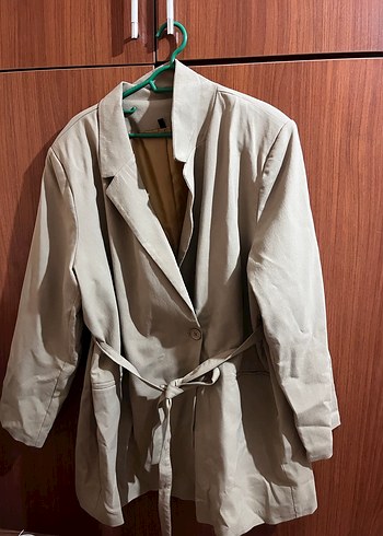 Camel Renkli Kemerli Kadın Blazer Ceket Keten kumaşlı