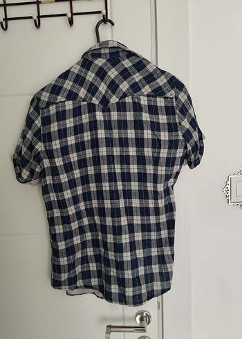 Erkek Kısa Kollu Gri Kareli Keten Gömlek - Görsel 4