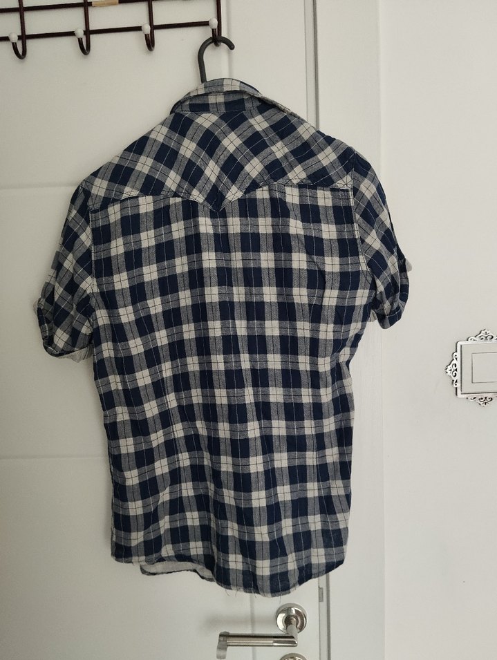 Erkek Kısa Kollu Gri Kareli Keten Gömlek - Görsel 4