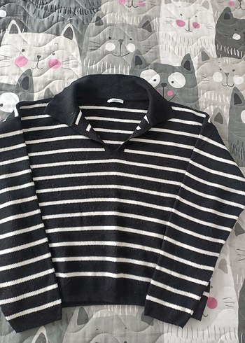 Gri Çizgili Uzun Kollu Triko Kazak - Görsel 3