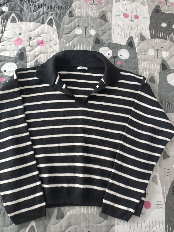 Gri Çizgili Uzun Kollu Triko Kazak - Görsel 3