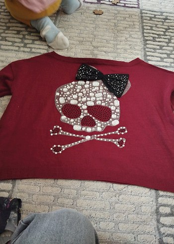 Bordo Kadın crop Triko Kazak, Uzun Kollu, Rahat Kesim - Görsel 2